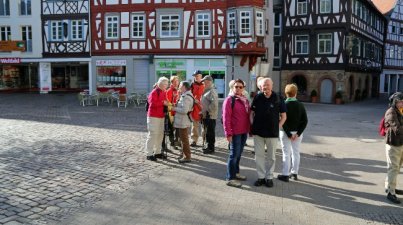Die längere Tour mit Margret Volk und Agathe Mayer ging vom Marktplatz aus vorbei an der ehemaligen Bleiche an der Lauter und zum Bassmann-Park. Von dort führt ein Hohlweg aufwärts zum Knodener Höhenweg. 